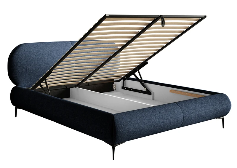 Gepolstertes Bett 160x200 cm Ovalle mit Stauraum, Metallrahmen, marineblaue hydrofobe Flechtung, schwarze Beine