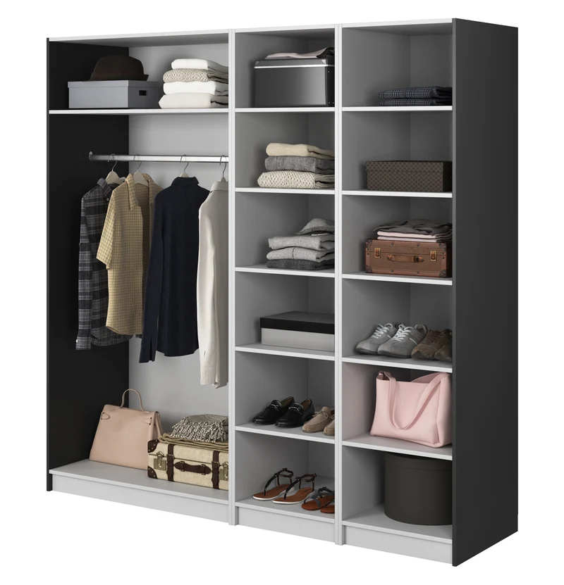 Vier­türiger Schrank Frame mit Kleiderstange und Regalen, 200 cm, Schwarz