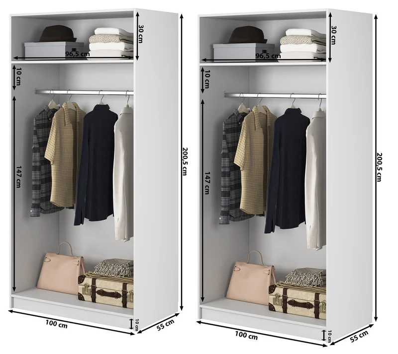 Vier­türiger Schrank Frame mit zwei Kleiderstangen, 200 cm, Weiß