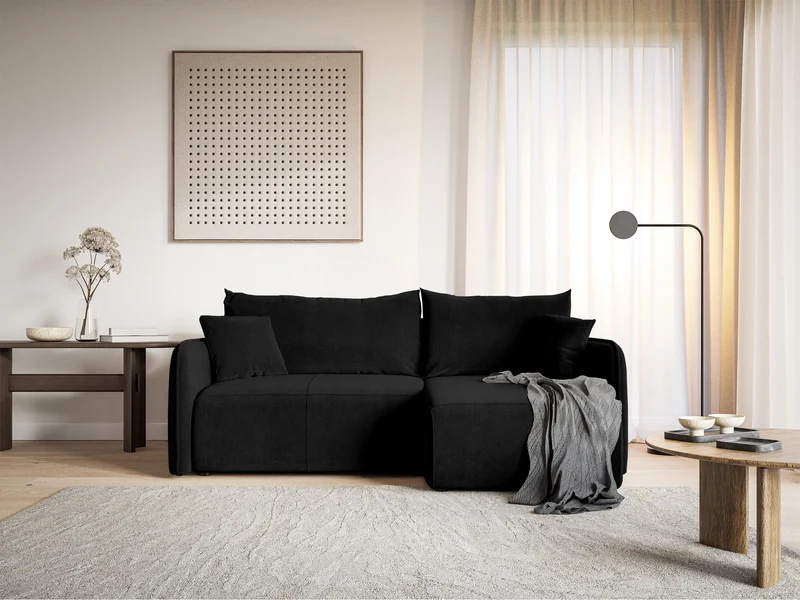 Ecksofa mit Schlafunktion Mavio, L-förmig, schwarz, mit Stauraum, hydrophober Samt, universell einsetzbar