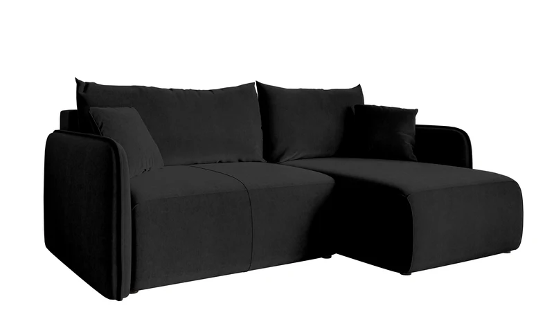 Ecksofa mit Schlafunktion Mavio, L-förmig, schwarz, mit Stauraum, hydrophober Samt, universell einsetzbar