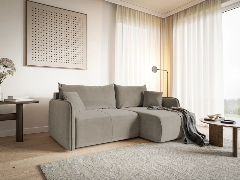 Ecksofa mit Schlafunktion Mavio, L-förmig, grau-beige, mit Stauraum, hydrophobes Samtgewebe, universell einsetzbar