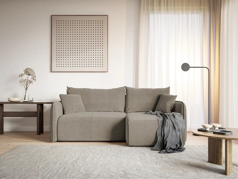 Ecksofa mit Schlafunktion Mavio, L-förmig, grau-beige, mit Stauraum, hydrophobes Samtgewebe, universell einsetzbar