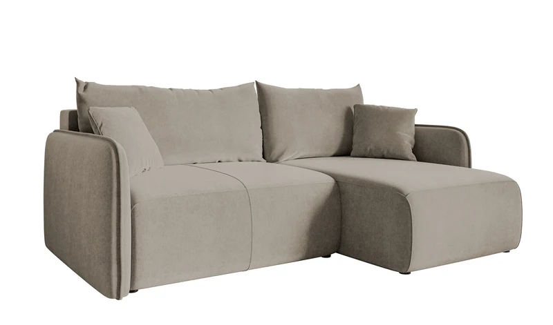 Ecksofa mit Schlafunktion Mavio, L-förmig, grau-beige, mit Stauraum, hydrophobes Samtgewebe, universell einsetzbar