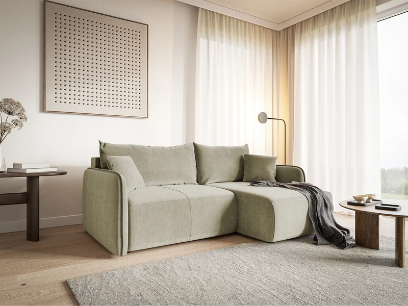 Ecksofa mit Schlaffunktion Mavio, L-förmig, hellbeige, mit Stauraum, wasserabweisender Velours, universell einsetzbar