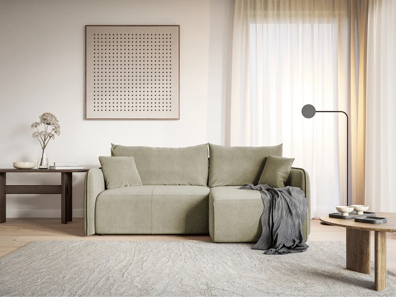 Ecksofa mit Schlaffunktion Mavio, L-förmig, hellbeige, mit Stauraum, wasserabweisender Velours, universell einsetzbar