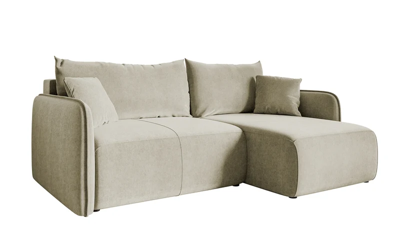 Ecksofa mit Schlaffunktion Mavio, L-förmig, hellbeige, mit Stauraum, wasserabweisender Velours, universell einsetzbar