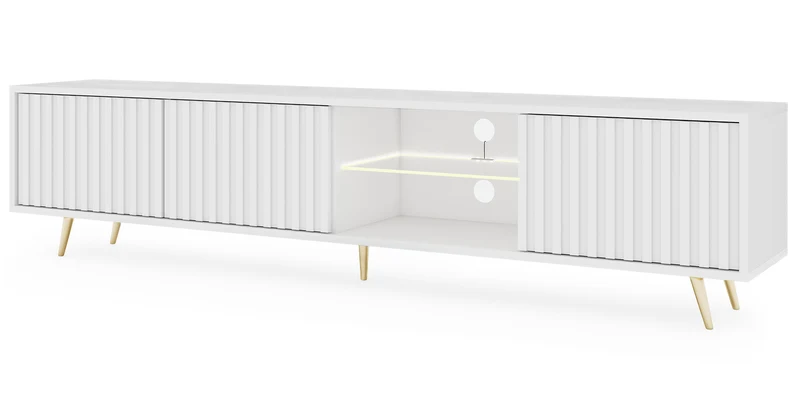 TV-Schrank Bello mit Lamellenfronten, 175 cm, weiß mit LED und goldenen Beinen