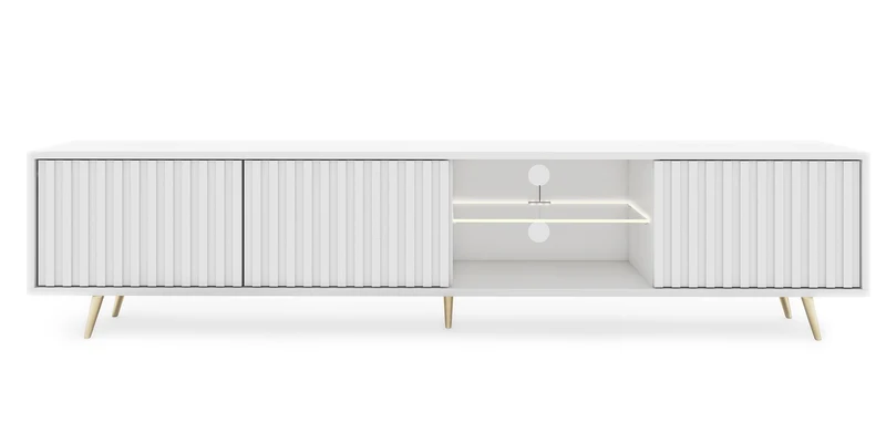 TV-Schrank Bello mit Lamellenfronten, 175 cm, weiß mit LED und goldenen Beinen