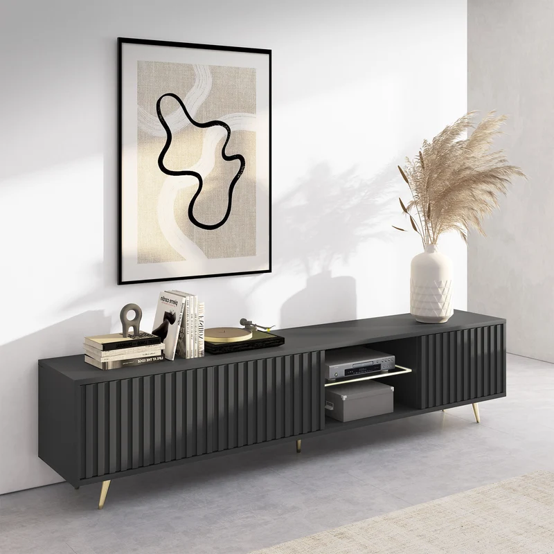 TV-Schrank Bello mit Lamellenfronten, 175 cm, schwarz, mit LED und goldenen Beinen