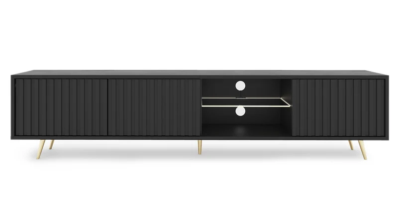 TV-Schrank Bello mit Lamellenfronten, 175 cm, schwarz, mit LED und goldenen Beinen