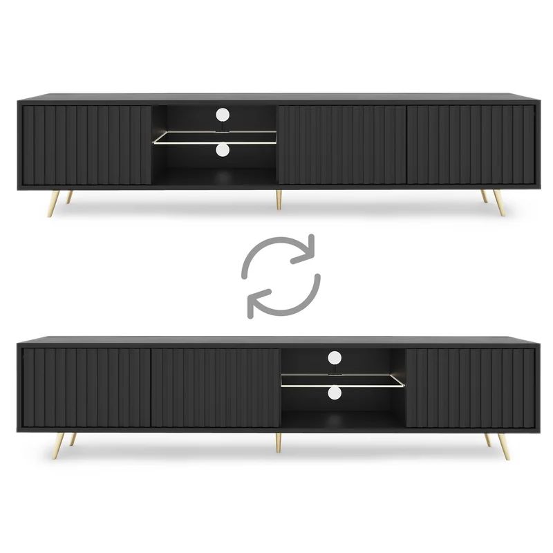 TV-Schrank Bello mit Lamellenfronten, 175 cm, schwarz, mit LED und goldenen Beinen