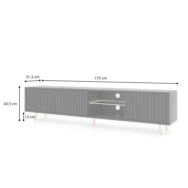 TV-Schrank Bello mit Lamellenfronten, 175 cm, schwarz, mit LED und goldenen Beinen