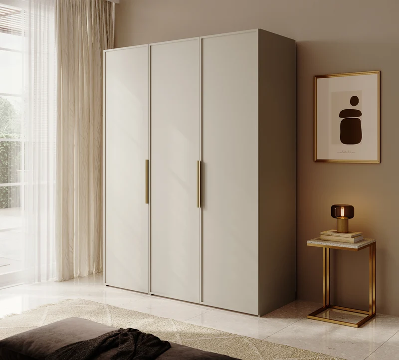 Drehtürenschrank Frame mit langer Kleiderstange, sieben Regalen und Container, 150 cm, Grau-Beige