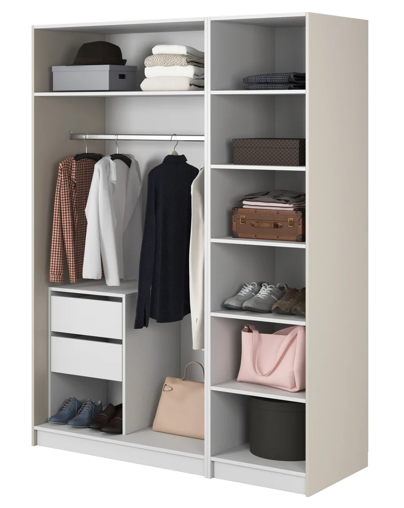 Drehtürenschrank Frame mit langer Kleiderstange, sieben Regalen und Container, 150 cm, Grau-Beige