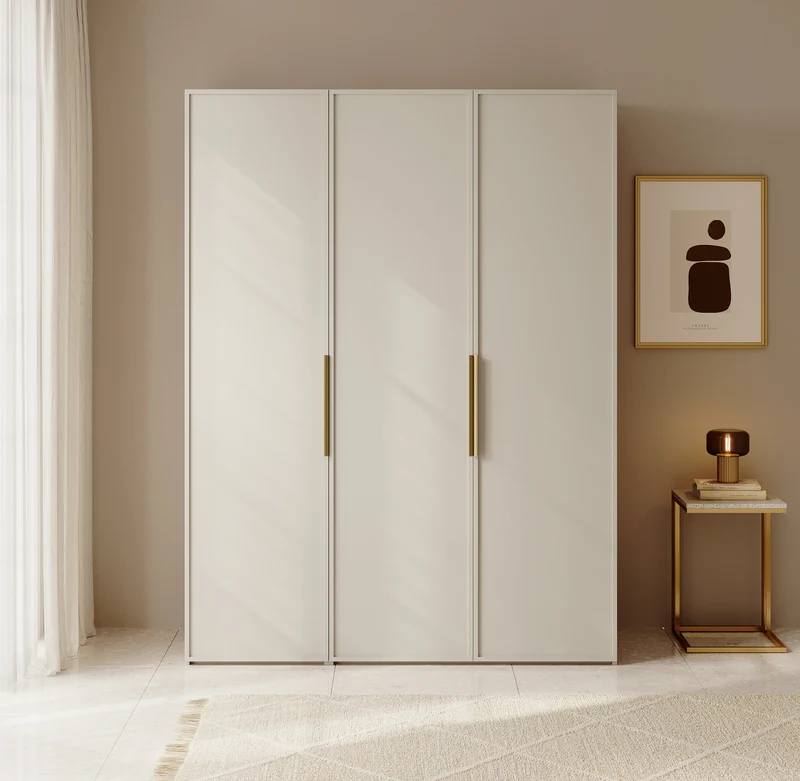 Drehtürenschrank Frame mit langer Kleiderstange, sieben Regalen und Container, 150 cm, Grau-Beige