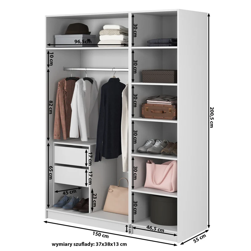 Drehtürenschrank Frame mit langer Kleiderstange, sieben Regalen und Container, 150 cm, Grau-Beige