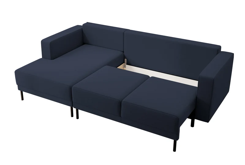 Ecksofa mit Schlaffunktion Rodario mini, L-förmig, mit Stauraum, marineblauer samtartiger, leicht zu reinigender Stoff, linksseitig