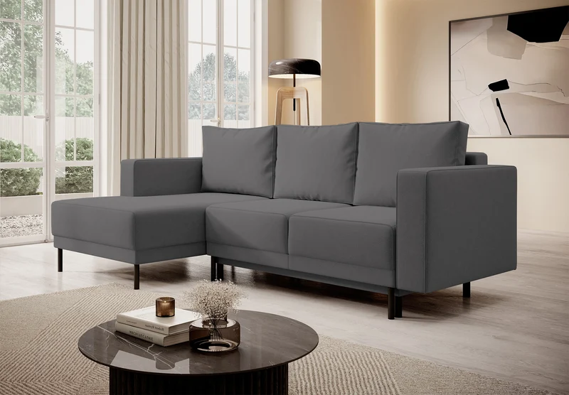 Ecksofa mit Schlaffunktion Rodario Mini, L-förmig, mit Stauraum, dunkelgrauer, leicht zu reinigender Samt, linksseitig
