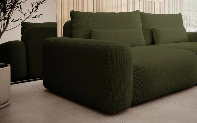 Dreisitziges ausklappbares Sofa Carnos, olivgrüner Chenille-Stoff, hydrophob, schwarze Beine