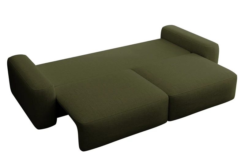 Dreisitziges ausklappbares Sofa Carnos, olivgrüner Chenille-Stoff, hydrophob, schwarze Beine