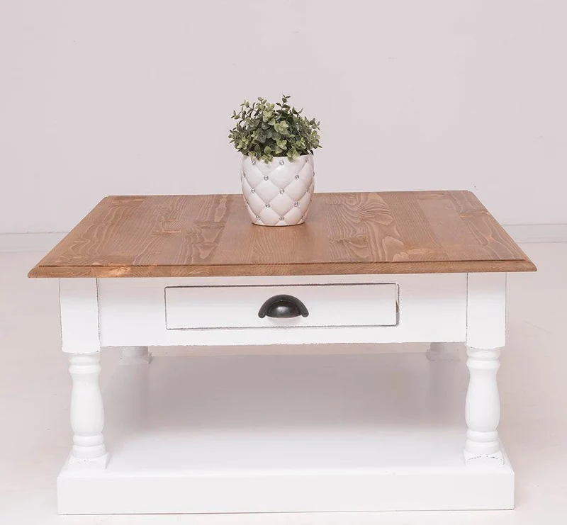 Kleiner Couchtisch aus Massivholz im Landhausstil mit Schublade
