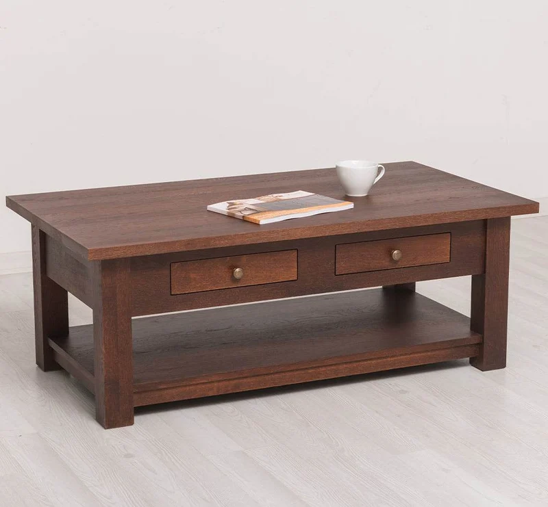 Couchtisch aus massiver Eiche mit Schubladen und Ablage
