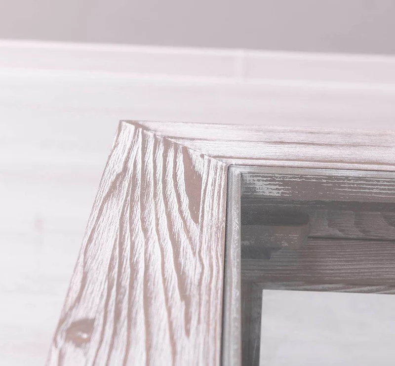Couchtisch aus Massivholz mit Schaukasten - Fenstertüren und Glasplatte