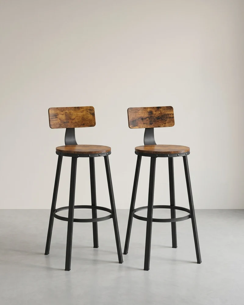 Industrielle Barhocker – 2er-Set – Vintage-Holzsitz