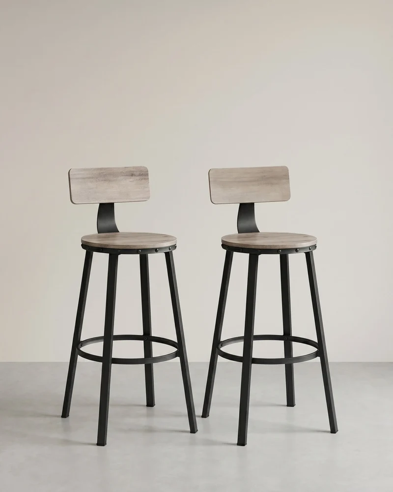 Industrielle Barhocker – 2er-Set – Vintage-Holzsitz