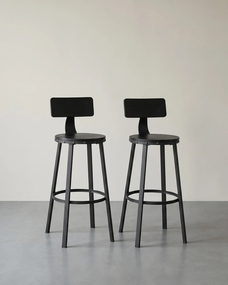 Industrielle Barhocker – 2er-Set – Vintage-Holzsitz
