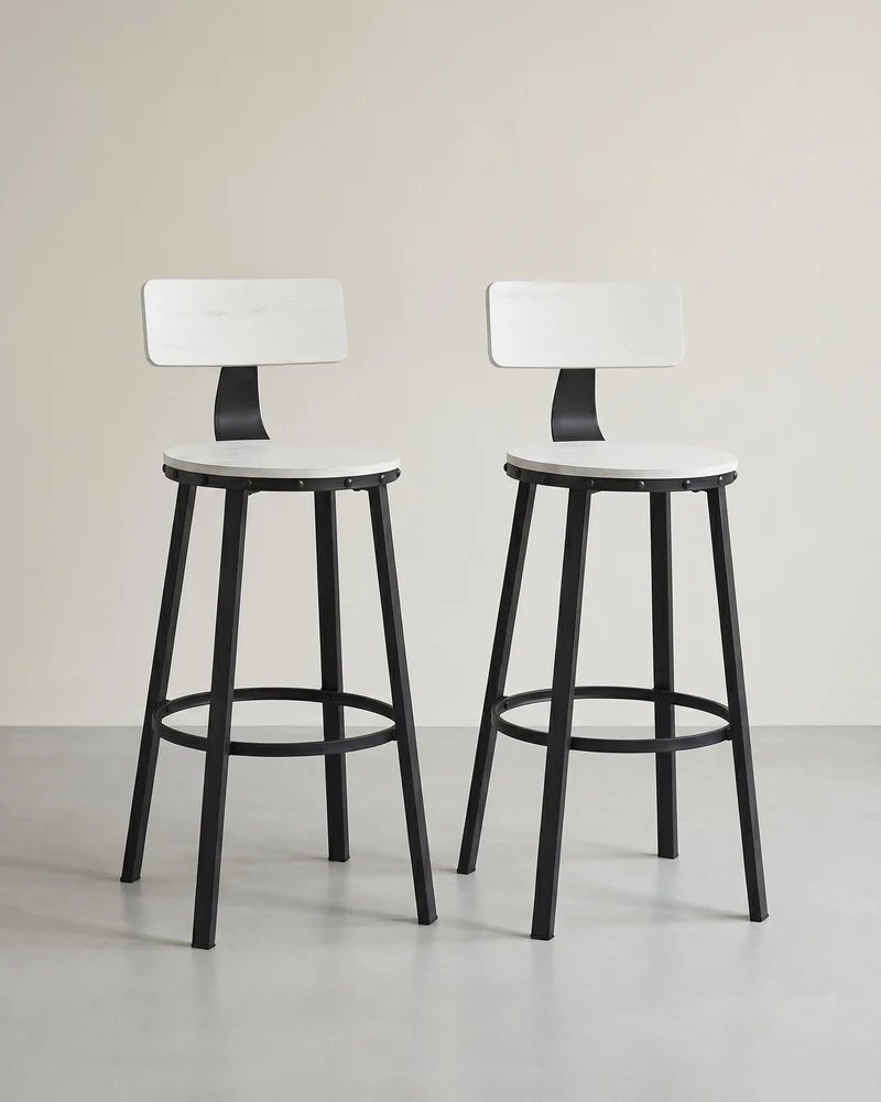 Industrielle Barhocker – 2er-Set – Vintage-Holzsitz