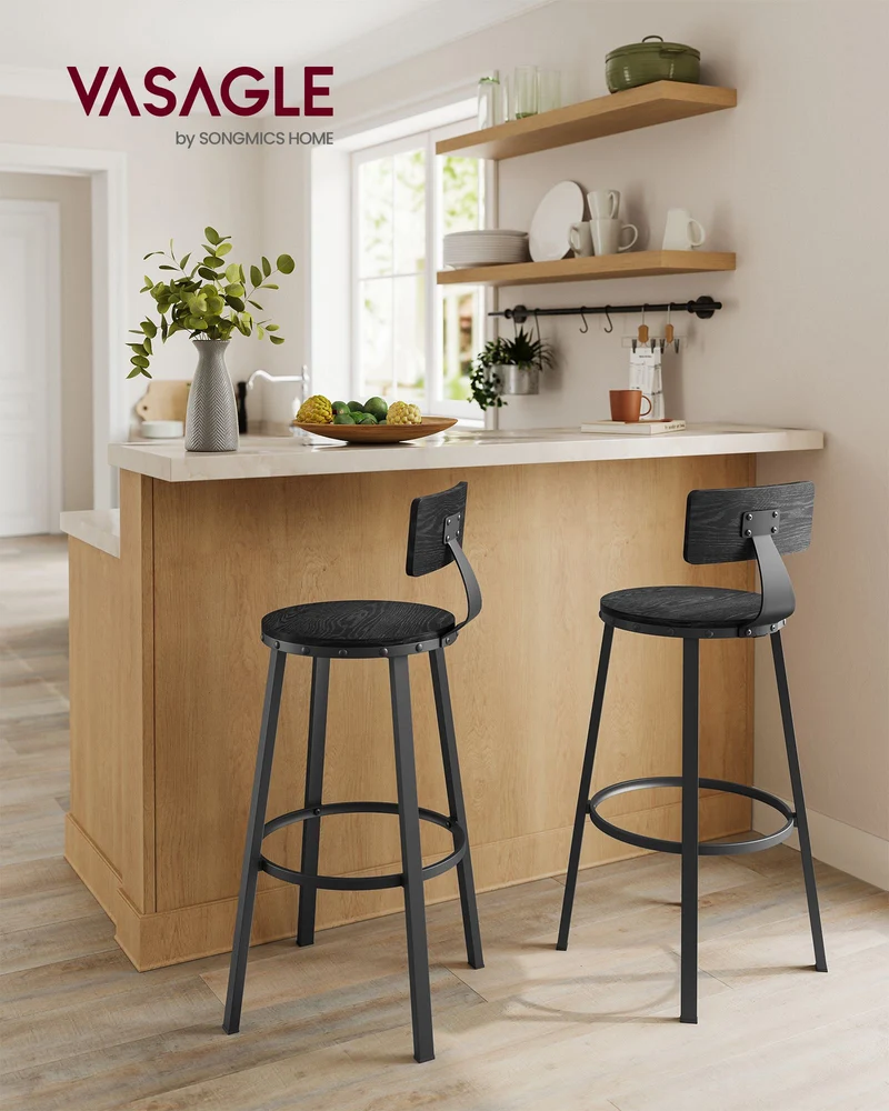 Industrielle Barhocker – 2er-Set – Vintage-Holzsitz