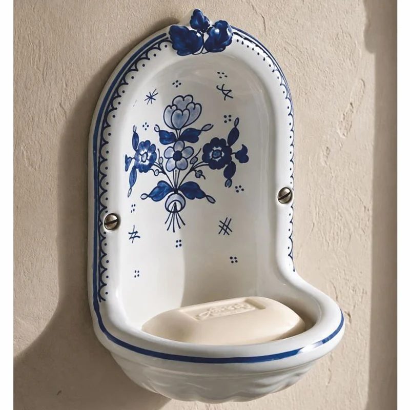 Casa Padrino Luxus Jugendstil Keramik Wandseifenschale Weiß / Blau H. 18 cm - Jugendstil Badezimmer Accessoires - Made in Italy