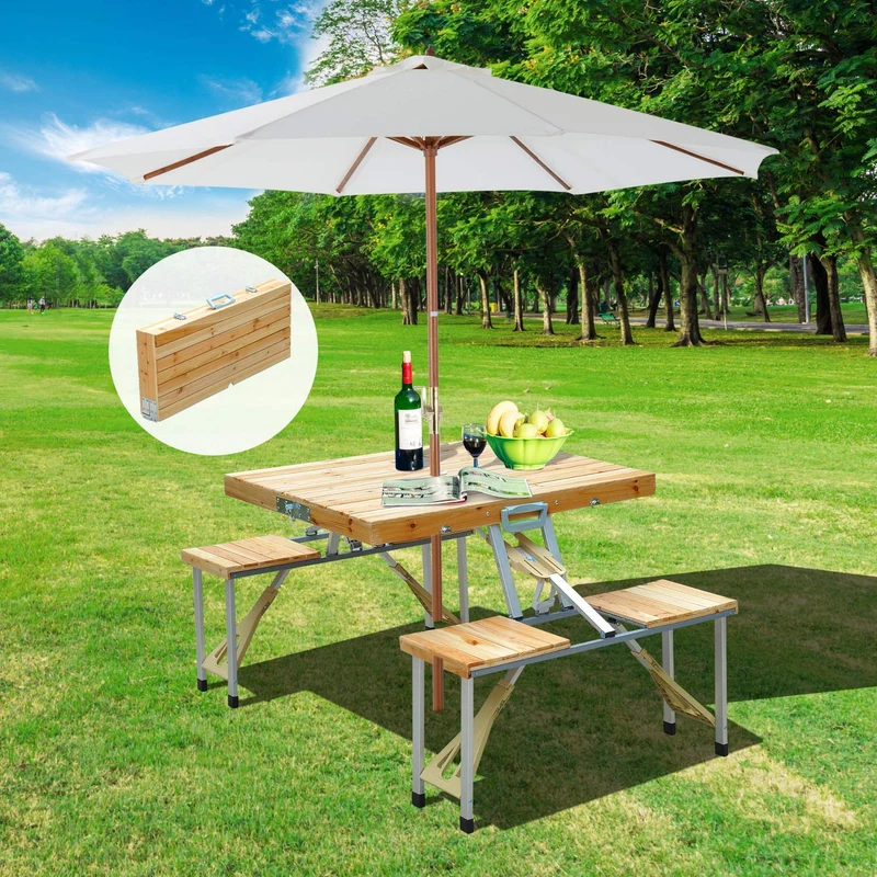 Tragbarer faltbarer Camping Picknicktisch mit Sitzen Stühlen und Regenschirm Loch-Holz