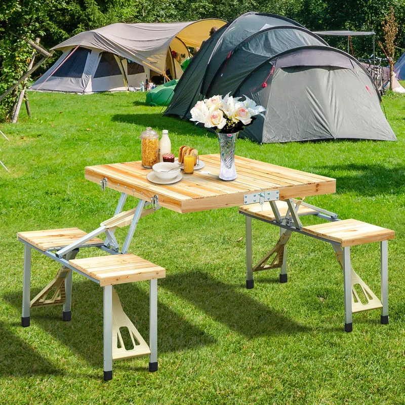 Tragbarer faltbarer Camping Picknicktisch mit Sitzen Stühlen und Regenschirm Loch-Holz