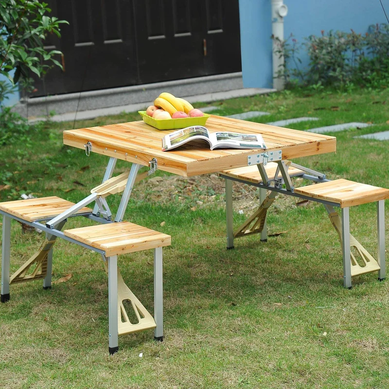 Tragbarer faltbarer Camping Picknicktisch mit Sitzen Stühlen und Regenschirm Loch-Holz