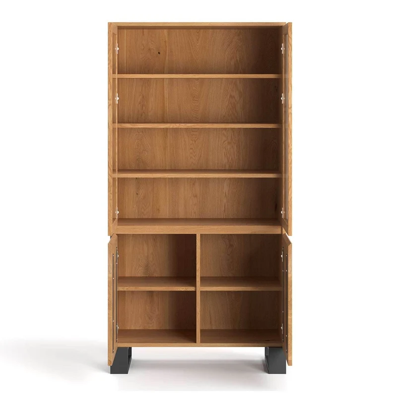 Großer Industrial Schrank aus massiver Eiche | Viertürige Vitrine Horizon mit viel Stauraum