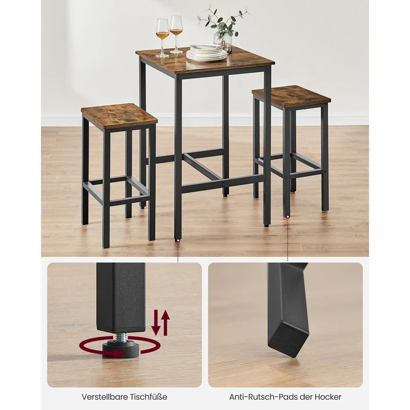 Esstische – Esstisch Mit 2 Stühlen – Kleiner Küchentisch 60 x 60 x 90 cm – Barhocker 30 x 40 x 65 cm – Industrielles Design