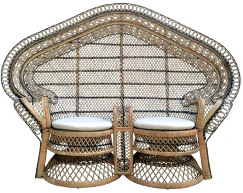 Casa Padrino Vintage Rattan Gartensofa Naturfarben / Blau / Weiß 200 cm
