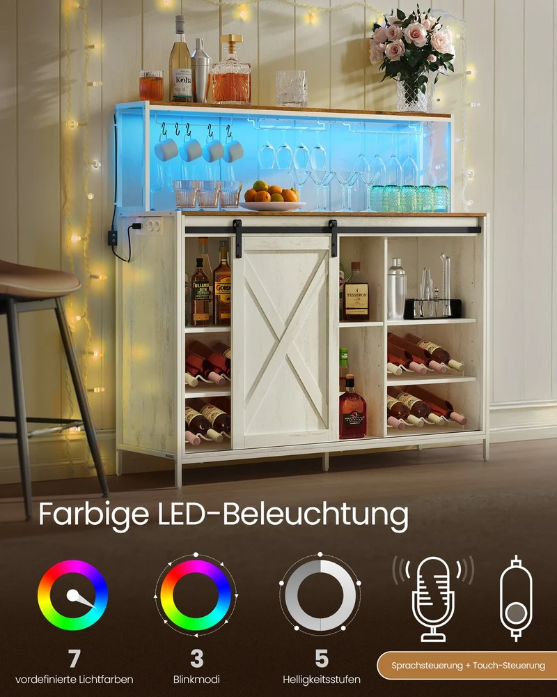 Bar-Schrank Mit LED-Beleuchtung Und Schiebetüren - Weinschrank Mit Steckdosenleiste Und Weinglashaltern