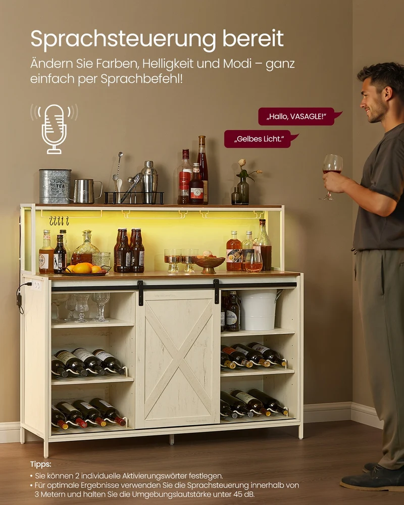 Bar-Schrank Mit LED-Beleuchtung Und Schiebetüren - Weinschrank Mit Steckdosenleiste Und Weinglashaltern