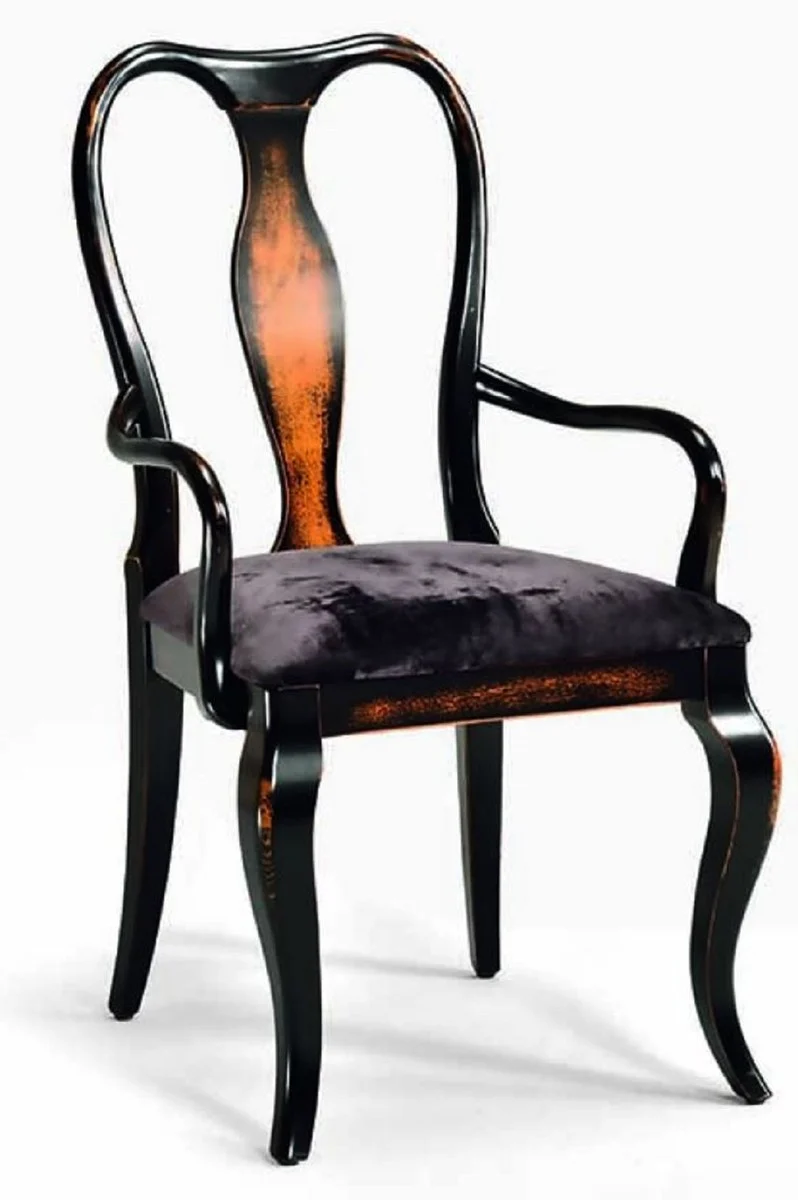 Casa Padrino Luxus Barock Esszimmer Stuhl mit Armlehnen Schwarz / Braun - Made in Italy