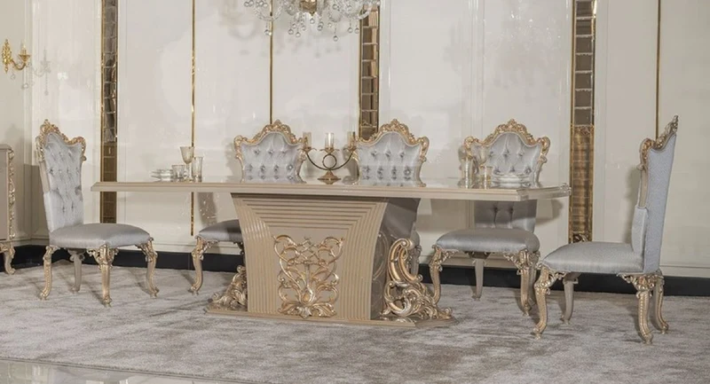 Casa Padrino Luxus Barock Esszimmer Set Silber / Grau / Gold - 1 Barock Esstisch & 8 Barock Esszimmerstühle