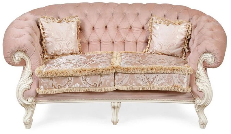 Casa Padrino Luxus Barock Wohnzimmer Sofa Rosa / Cremeweiß - Handgefertigtes Barockstil Sofa - Prunkvolle Luxus Wohnzimmer Möbel im Barockstil - Barock Möbel