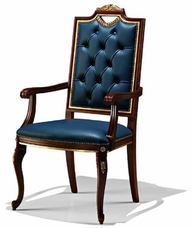 Casa Padrino Luxus Barock Leder Esszimmer Stuhl mit Armlehnen Blau / Braun / Gold - Barock Möbel Made in Italy