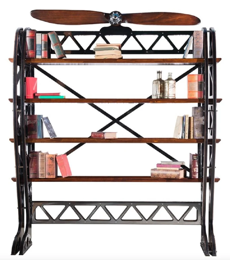 Casa Padrino Luxus Industrie Stil Bücherschrank Silber / Schwarz / Braun 171 x 29,5 x H. 208,5 cm - Metall Schrank mit dekorativem Flugzeug Propeller - Büroschrank - Luxus Industrie Stil Möbel
