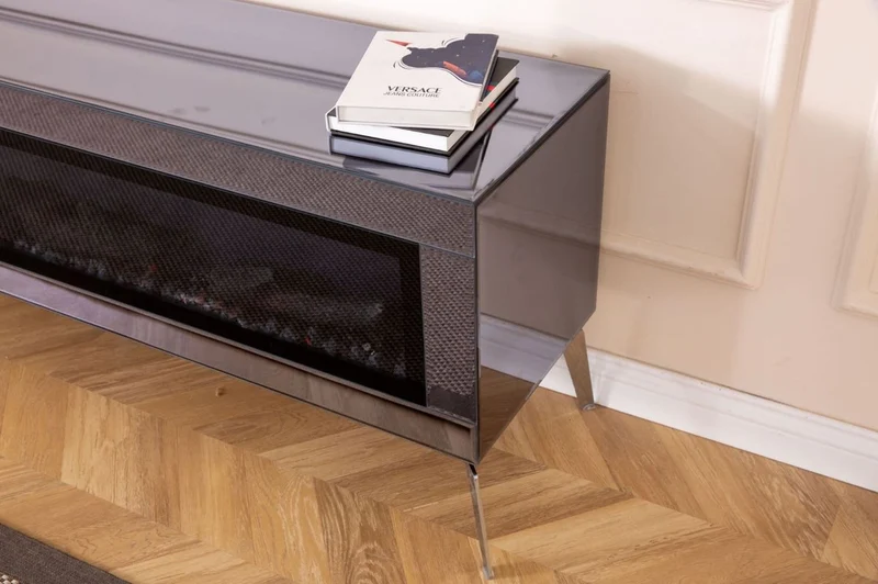 Casa Padrino Luxus TV Schrank mit LED Elektrokamin und Fernbedienung Silber 180 cm