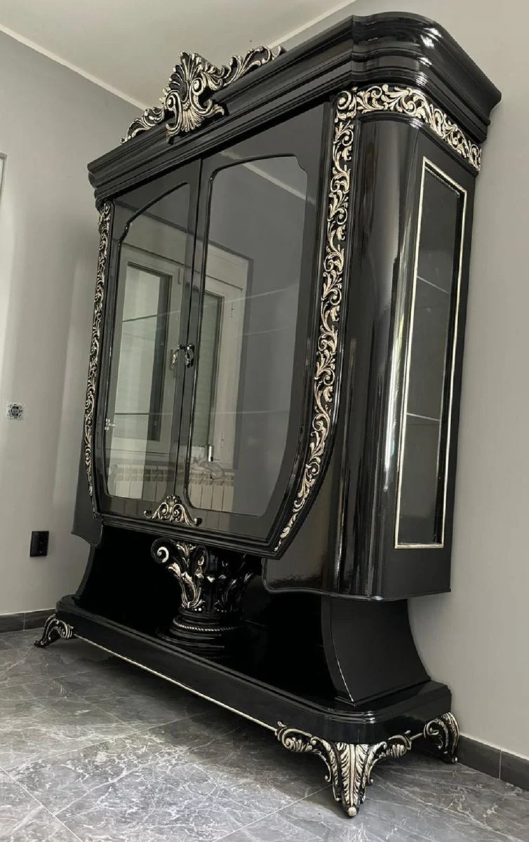 Casa Padrino Luxus Barock Vitrine Schwarz / Silber - Handgefertigte Barock Möbel