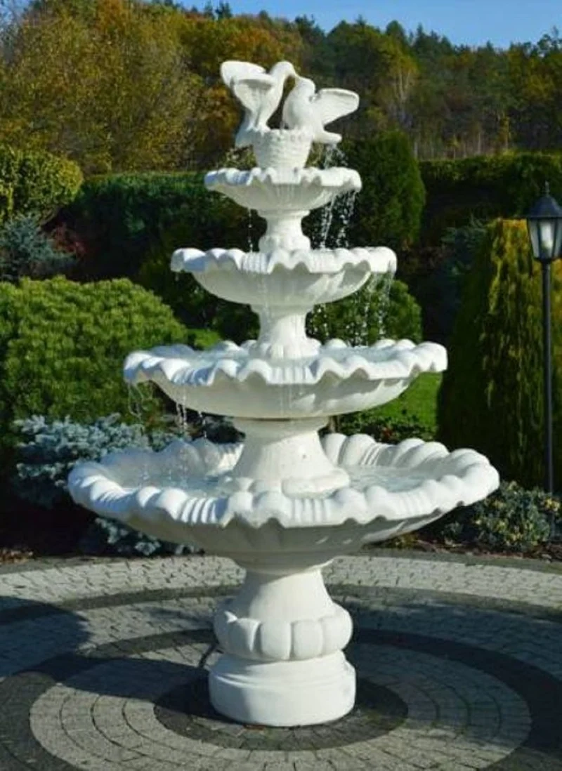 Casa Padrino Barock Springbrunnen mit 2 dekorativen Tauben Weiß Ø 135 x H. 204 cm - Prunkvoller Gartenbrunnen im Barockstil - Runder Gartendeko Stein Brunnen - Barock Garten Deko Accessoires